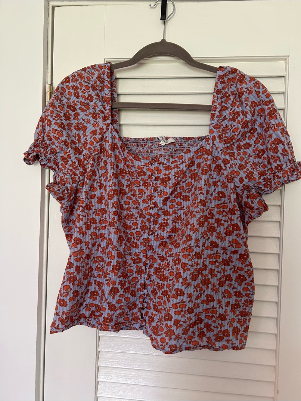 Madewell Blue Square-Neck Puff Sleeve Blouse with Floral Print